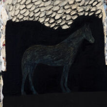 Sogol Ahadi, “Ride 01”, from “The Rental Horse” series, mixed media on canvas (acrylic, oil & found paper), 120 x 100 cm, 2021
