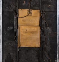Mojtaba Amini, “Sâd”, burnt wood, aluminum, print on leather , 116 × 12.5 × 200 cm, 2014