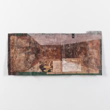 Majid Biglari, “Water Lily”, from “Soot, Fog, Soil” series mixed media tinplate (used in oil cans and roofing material), paper (letters, photographs), paint, watercolor, ink, glue, etc. 30 x 62 cm, unique edition, 2021