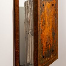 Majid Biglari, “Memorial No.76 – Letter”, from “The Possibility of Real Life’s Openness to Experience” series, rusted steel, newspaper, glue, paint, glass, 60 x 40 x 20 cm, unique edition, 2020