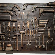 Amir Mobed, “#1”, from “Praising the Tool” series, wood, steel tools covered with bronze, nails, 100 x 150 cm, edition of 3 + AP, 2020