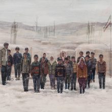 Sahar Jafari , “Samad (Behrangi) and Kids”, from “Charoymaq” series, oil on canvas, 131 x 155 cm, 2022
