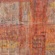 Samira Hodaei, “One Tablecloth, One Landscape”, from “An Empty Tablecloth” series, mixed media (kalamkari, tasbih, vitrail color), 158 x 230 cm, unique edition, 2022
