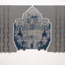 Amir-Nasr Kamgooyan, untitled, from “Think Box”, series, silkscreen print, stencil and assemblage on aluminum plate, 124 x 240 cm, unique edition, 2021
