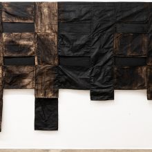 Samira Hodaei, untitled, from “An Empty Tablecloth” series, mixed media, (tar on rice sacks),194 x 285 cm, unique edition, 2020
