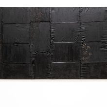 Samira Hodaei, untitled, from “An Empty Tablecloth” series, mixed media, (tar on rice sacks),120 x 240 cm, unique edition, 2020
