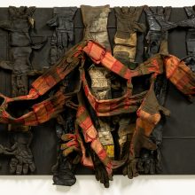 Samira Hodaei, untitled, from “Presence of an Absence” series, mixed media, (oil workers used gloves & tar on rice sacks), 100 x 150.5 cm, unique edition, 2021
