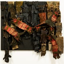 Samira Hodaei, untitled, from “Presence of an Absence” series, mixed media, (oil workers used gloves & tar on rice sacks), 102 x 121.5 cm, unique edition, 2021
