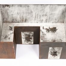 Majid Biglari, “After Dining Room. Stillness”, from “Soot, Fog, Soil” series, mixed media, (rusted iron, color, color ink, paraffin, etc.), 60 x 40 x 25 cm, unique edition, 2021
