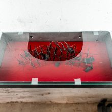 Mahmoud Bakhshi, from “Unity of Time and Place” project, box (iron sheet, suede velvet, bronze and glass), unique edition, 20 x 42 cm, 2017 – 2020
