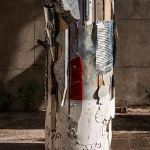 Mahmoud Bakhshi, from “Fishing” project, installation of 8 + 1 pieces, (iron, galvanized sheet, aluminum, wood and paint), size: each 2 m, overall size: 16 m, unique edition, 2019-2020 