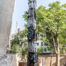 Mahmoud Bakhshi, from “Fishing” project, installation of 8 + 1 pieces, (iron, galvanized sheet, aluminum, wood and paint), size: each 2 m, overall size: 16 m, unique edition, 2019-2020 