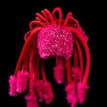 Nahid Behboodian, untitled, from “Toxic Anthus” series, headdress (wearable)
cloth, fake fur, knitting yarn, crystal, and fiber, 70 x 75 x 50 cm, 2021
