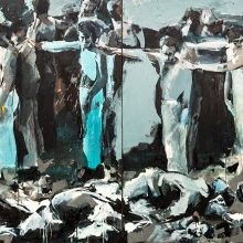 Amir-Hossein Zanjani, “Captives and Mustard Spots”, from “Savior” series, oil on canvas, diptych, 150 x 500 cm, 2022
