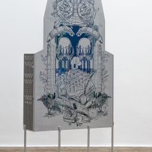 Amir-Nasr Kamgooyan, untitled, from “Think Box” series, silkscreen print, stencil and assemblage on aluminum plate, 158 x 74 x 12 cm, unique edition, 2021
