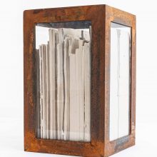 Majid Biglari, “Memorial No. 50 – Block No.1”, from “The Possibility of Real Life’s Openness to Experience” series, rusted steel, glass, book, glue, paraffin, 40 x 25 x 25 cm, unique edition, 2020