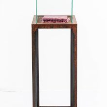 Majid Biglari, “Blood”, from “The Possibility of Real Life’s Openness to Experience” series, rusted steel, glass, book, glue, paraffin, 40 x 40 x 127 cm, unique edition, 2020
