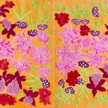 Nahid Behboodian, untitled, from “Kaleidoscope” series, watercolor on paper, diptych, overall size: 53 x 156 cm, frame size: 63.5 x 168, 2021
