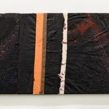Samira Hodaei, untitled, from “An Empty Tablecloth” series, mixed media, (tar & vitrail colors on rice sacks), 46 x 70 cm, unique edition, 2021