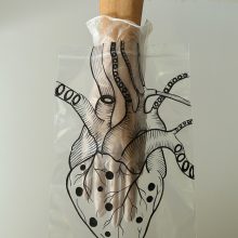 Elika Hedayat, “Heart”, from “Mutation”, series, installation, wood, glove, drawing, variable dimensions, 2021
