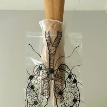 Elika Hedayat, “Lungs”, from “Mutation”, series, installation, wood, glove, drawing, frame size: 59 x 34 x 41 cm, 2021
