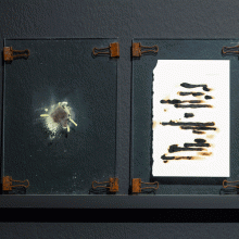 Mahsa Aleph, «صفحه ی ۱۱۶», from ”The Sworn Words” Series, metal clip, glass, book paper, sulfur dioxide, sulfur ash, paper swarf, 21 x29 cm, 2018
