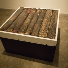 Majid Biglari, “Posters”, from “The Experience of Dishevelment” series, mixed media (posters, cement concrete, wood, etc.), size without pedestal: 65 x 66 x 9 cm, size with pedestal: 65 x 66 x 39 cm, unique edition, 2017