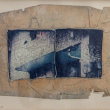 Sasan Abri, ” Expedition No.1″, from “Expedition” series , mixed media, polaroid photography, a collage of two images all transferred onto a glass, 24 x 33.5 cm, unique edition, 2018