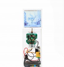 Arya Tabandehpoor, untitled, from “Tree” series, transferred photograph, glass cube, electric motor, sensors, electric circuits, power adaptor, and wiring in plexiglass boxes, unique edition, 7 x 7 x 25 cm, 2015