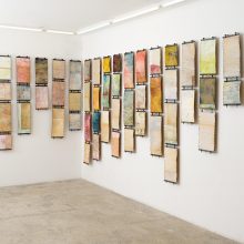 Majid Biglari, “Landscape”, from “Mourning” series, fifty-piece installation (steel, screw, paper, artificial leather, glue and watercolor), overall size: 580 x 200 x 10 cm, unique edition, 2019