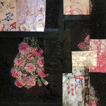 Samira Hodaei, “Patchwork”, from “An Empty Tablecloth” series, mixed media, tar & glass paint on rice sacks & fabric, 79 x 88 cm, unique edition, 2020
