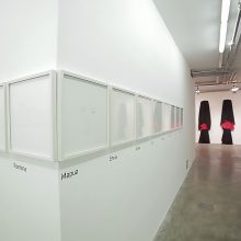 Ursula Neugebaur, “Tschador” Series, 7 Chador, Black Textile with Red lining, installation view, 290 x 125 cm, 2007