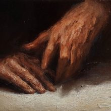 Hosein Mohamadi, “Nocturnal Hands”, from “Rupture” series, oil on canvas, 20 x 25 cm, 2020