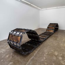 Majid Biglari, “Track”, from “The Experience of Dishevelment” series, thirty-six-piece installation, iron, plywood, paint, etc., 490 x 70 (minimum 10 and maximum 68) cm, unique edition, 2016 